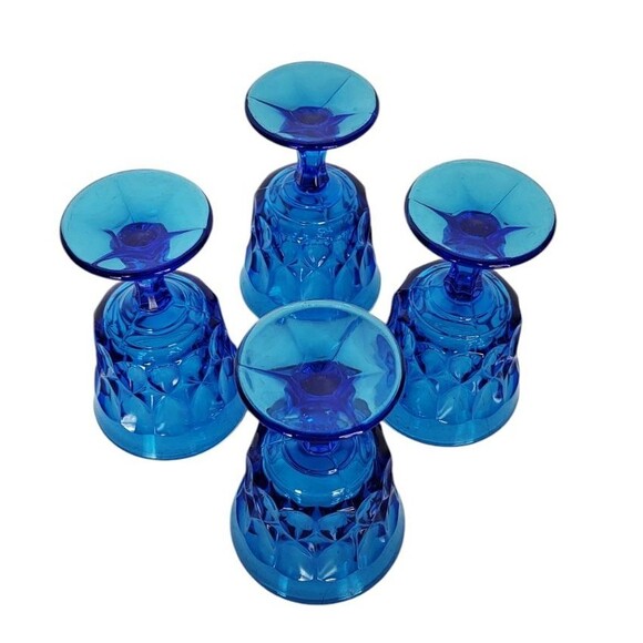 Vintage MCM Noritake Perspective Blue Glass Footed Wine Water Juice Four Goblets - Picture 4 of 11